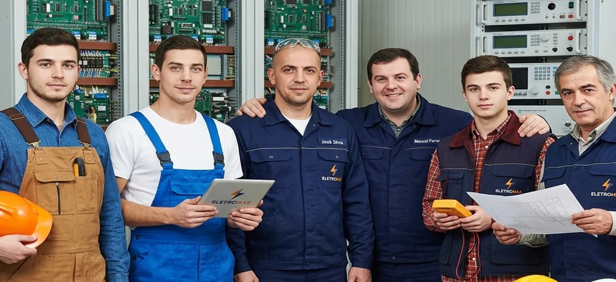 Equipa de eletricistas experientes da Eletromax em pleno trabalho de instalação elétrica